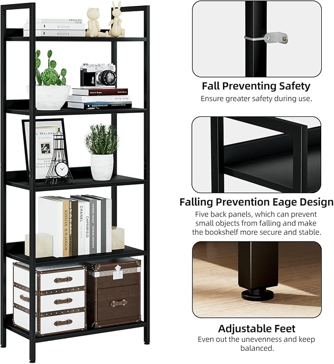NUMENN Bookshelf, 5 Tier Freestanding Shelving Unit, Black | Metal Frame & Wood Shelves, Falling Prevention Baffle, Open Storage Bookcase for Bedroom, Living Room & Home Office