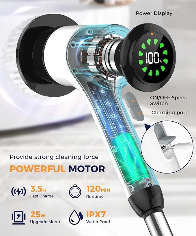Cordless Electric Spin Scrubber, 6 Brush Heads, Long Handle | Power scrubber, adjustable long handle, IPX7 rated body, lightweight grip, bathroom, kitchen, tile, grout, tub, shower, floor
