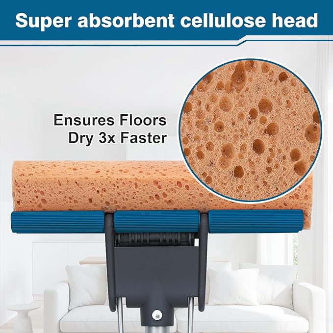Sponge Mop for Floor Cleaning, 50" Heavy Duty Roller Mop with 4 Cellulose Refill Heads, Easy Self-Squeeze for Hardwood Tile Concrete, Wall Ceiling