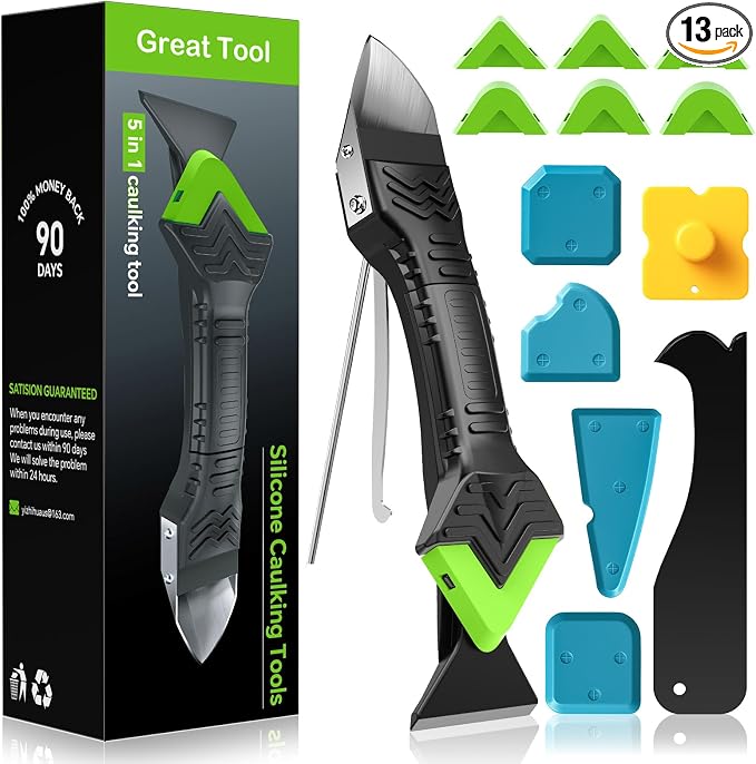 Goopreen 5 in 1 Caulking Tool Silicone Caulking Grout Removal Sealant Finishing Tool with Stainless Steel Head, 6 Replaceable Pads, Gap Seam Repair Kit for Kitchen Bathroom Sink Toilet Caulking