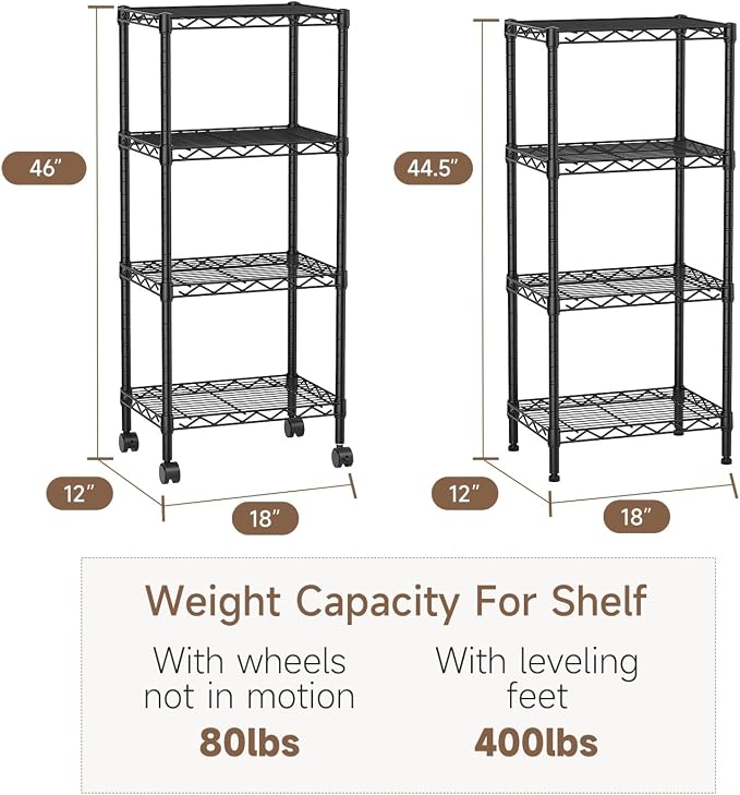 Golpart 4Tier Adjustable Storage Shelves Metal Wire Shelving Standing Shelf | Utility Heavy Duty Unit Rack Closet Organize for Home Kitchen Laundry Room Organization Pantry 11.6"Dx17.6"Wx44"H Black