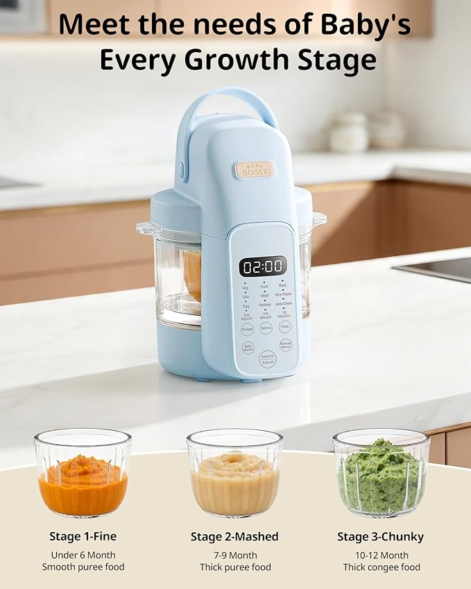 SosekiBaby Tutto Baby Food Maker with Glass Bowl One Step Baby Blender-Food Processor and Steamer Puree Grinder 316L Stainless Steel Blades Auto Cooking & Easy Cleaning-BPA-Free Blue