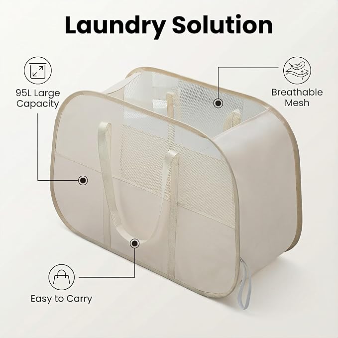 Tsmall bear Foldable Laundry Basket with Mesh Window | 95L Dirty Clothes Hamper with Handles, Sturdy Steel Frame,Collapsible Laundry Hamper for Bedroom,Bathroom,Home,Dorm