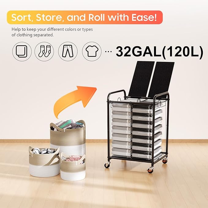 120L Laundry Sorter 2 Section, Rolling Laundry Basket with Wheels ＆ Lid | 31.7 Gal Laundry Hamper, 2 Separated Removable Bags, Lockable Wheels, Dirty Clothes Hamper for Laundry Room, Bedroom, Black