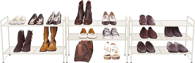 Simple Houseware 3-Tier Stackable Mesh Shoe Rack, White | 9 Pairs of Shoes Storage Organizer for Closet, Entryway, Garage & Corridor