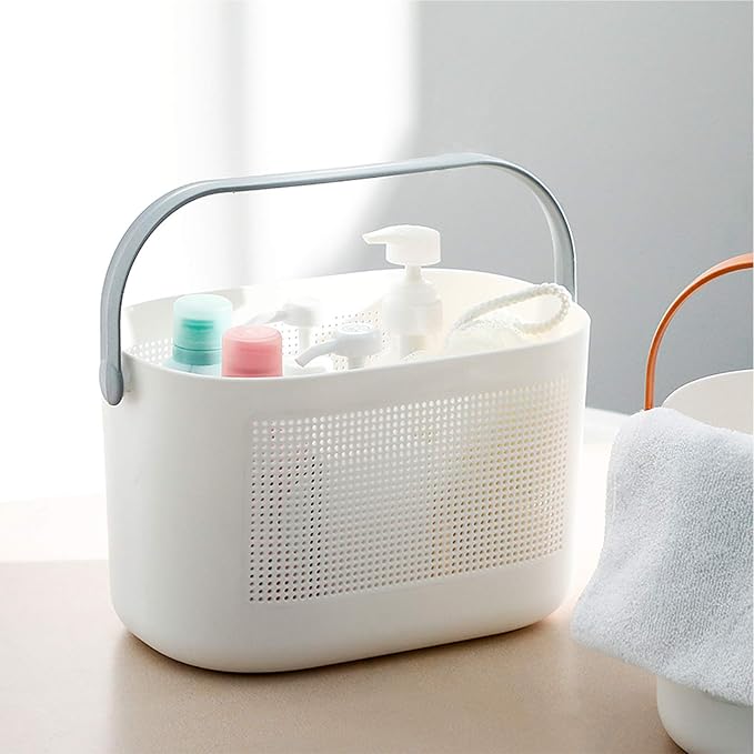 Plastic Protable Shower Caddy Basket, Storage Organizer with Handle, Grey | Bottom Drain Holes, Keep Dry, Sturdy and Durable, Easy to Carry for Bathroom, Kitchen, Dorm Room, RV, College