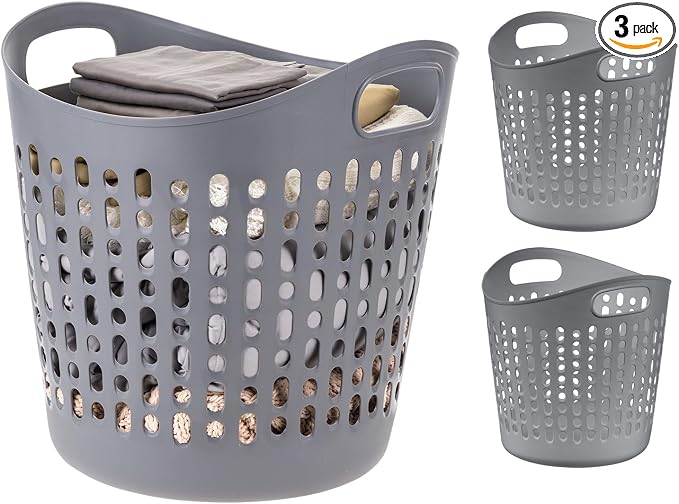 IRIS USA Plastic Laundry Hamper, 40L- 3 PK, Flexible, Ventilation, Gray | Laundry Baskets for Bedroom Bathroom Apartment Dorm, Blankets Pillows Trinkets Storage