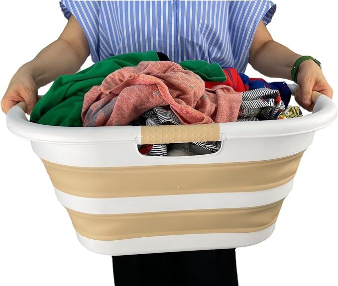SAMMART 40L (10.5 gallon) Collapsible Plastic Laundry Hamper - Foldable Pop Up Storage Container/Organizer - Portable Washing Tub - Space Saving Basket (1, White/Beige)