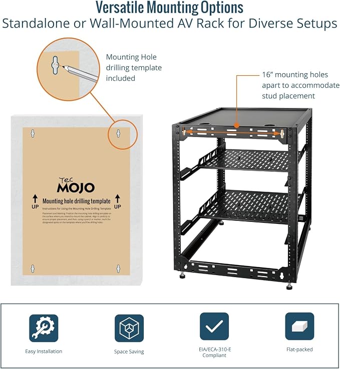 Tecmojo 16U Open Frame Network Rack for IT & AV Gear, AV Rack Floor Standing or Wall Mounted,with 2 PCS 1U Rack Shelves & Mounting Hardware,Network Rack for 19" Networking,Audio and Video Device