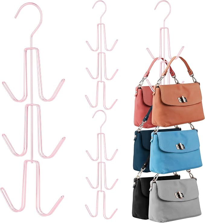 ZEDODIER 4 Pack Purse Organizer for Closet, Heavy-Duty Hanging Purse Hanger Closet Holds Up to 24 Purses, Metal Rotating Space Saving Bag Holder Handbag Storage Hook Backpack Rack, Pink | Metal 24 Hooks Handbag Holder for Bag Storage, 360° Rotating Des...
