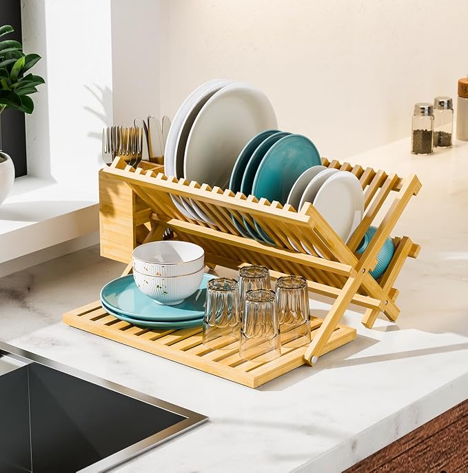 Simple Trending Bamboo Dish Drying Rack, 3 Tier with Utensil Holder | Collapsible Dish Rack, Large Foldable Dish Drainer for Plates, Cups, Bottles, Utensils, Kitchen Counter, Space Saving