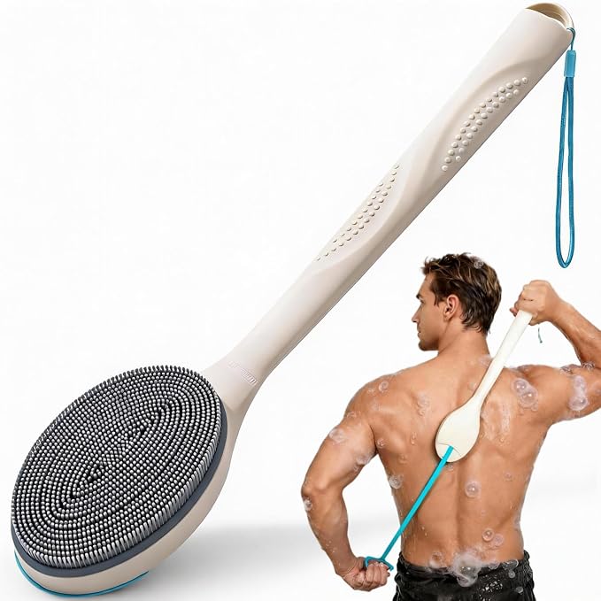 BUBBLEDANCE® Extendable Silicone Back Scrubber (17.5" to 32") – 2-Hand Grip for 4X Power, Curved Stiff Bristles, Non-Slip Long Handle Shower Brush for Deep Exfoliation - White (Stiff Bristles)