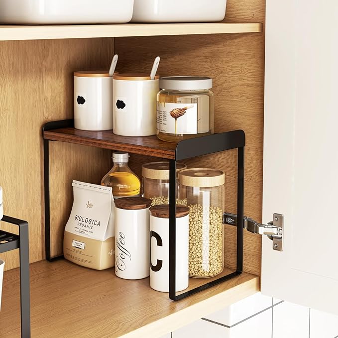 Mitus Shelf Organizer and Storage, Tiered Wood Cabinet Rack for The Kitchen Counter, Bathroom Counter, Pantry Cupboard, Office Desk Bookshelf, 12" Wide Walnut Brown and Black