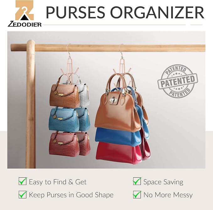 ZEDODIER 2 Pack Purse Organizer for Closet, Heavy-Duty Hanging Purse Hanger Closet Holds Up to 12 Purses, Metal Rotating Space Saving Bag Holder Handbag Storage Hook Backpack Rack, Rose Gold