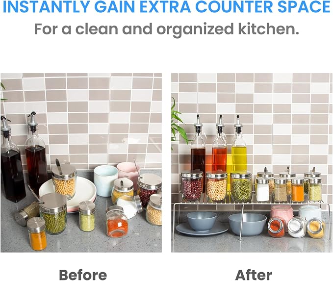 Tomorotec Spice Rack Cabinet Organizer, Expandable Steel, Kitchen, Silver | Stackable Two-Pack Storage Shelves with Anti-Slip Protective Rubber Feet for Pantry or Countertop
