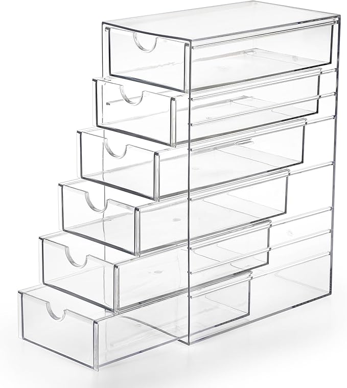 Hipiwe Plastic Drawer Organizer Desktop Storage Box with 6 Pull Out Drawers | Clear Compact Drawers Box for Cabinet Vanity Bathroom Bedroom Pantry Shelf Office Closet Organization
