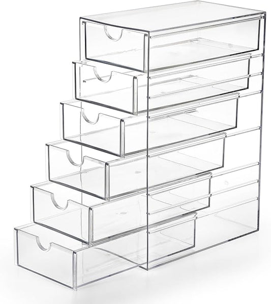 Hipiwe Plastic Drawer Organizer Desktop Storage Box with 6 Pull Out Drawers | Clear Compact Drawers Box for Cabinet Vanity Bathroom Bedroom Pantry Shelf Office Closet Organization