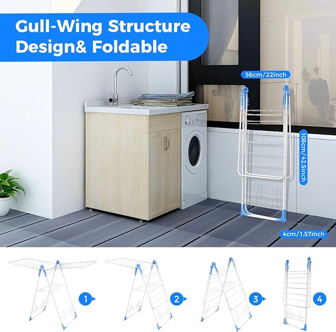 Foldable Gullwing Clothes Drying Rack Free Standing Indoor Outdoor Airer | Height Adjustable Wings Large Laundry Airer with Shoe Rack for Balcony Laundry Room