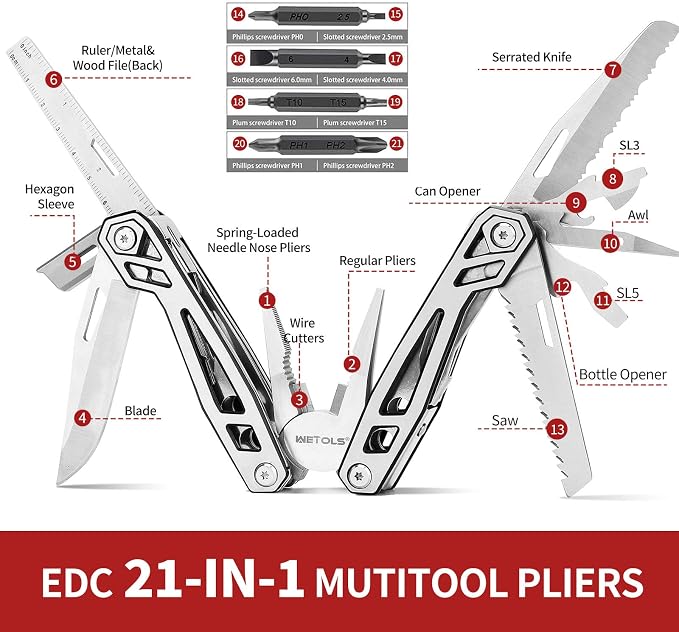 Multitool with Pocket Knife, Birthday Gifts for Men Women Mom Dad | 21-in-1 Stainless Steel Pliers with Screwdrivers, Self-locking Multi tools with EDC Sheath, Ideal for Home, Camping, Survival