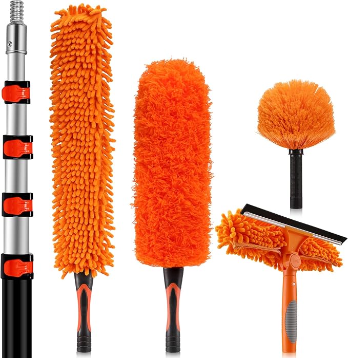 26ft High Reach Duster Kit with 5-20ft Heavy-Duty Extra Long Extension Pole, Vaulted Ceiling Cobweb Brush, Washable Ceiling Fan Duster, Microfiber Duster & Window Squeegee for Tall Ceiling