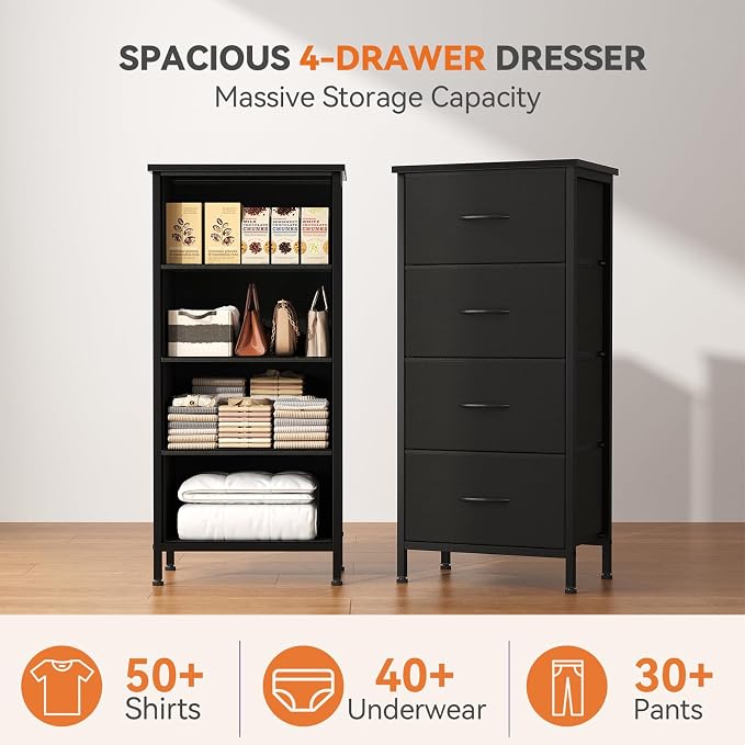 Sweetcrispy Dresser for Bedroom, 4 Drawer Storage Cabinet, Tall Nightstand | Small Fabric Black Dresser for Closet, Chest of Drawers, Closet Organizer, Home Furniture, Sturdy Frame