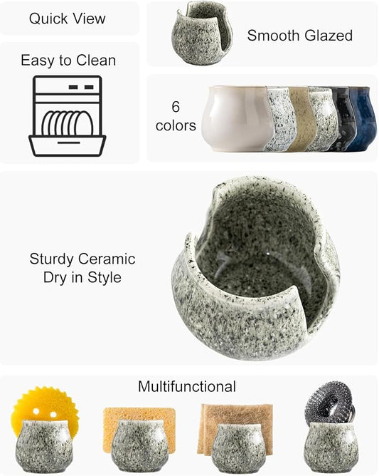Zoeeker Ceramic Sponge Holder, Kitchen Sponge Holder Sink Caddy Organizer Dish Rack for Kitchen Sink Suction, Bathroom, Brush, Special Gray