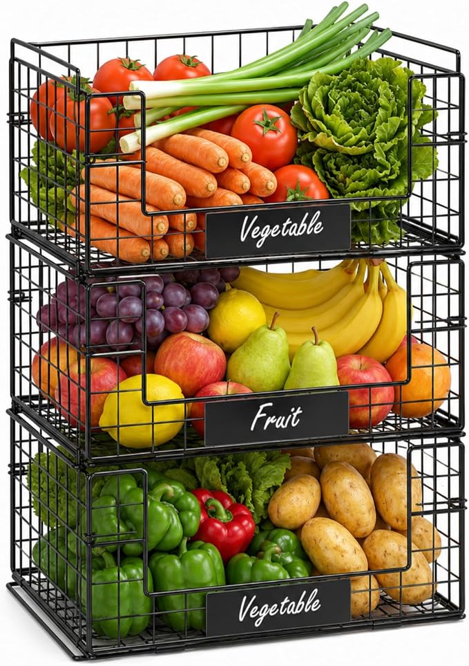3 Pack XXL Stackable Wire Baskets with Handles & Name Plates | Pantry Organizers and Storage, Snack Organizer & Vegetable Basket & Metal Pantry Bin, Large Capacity, Durable and Sturdy