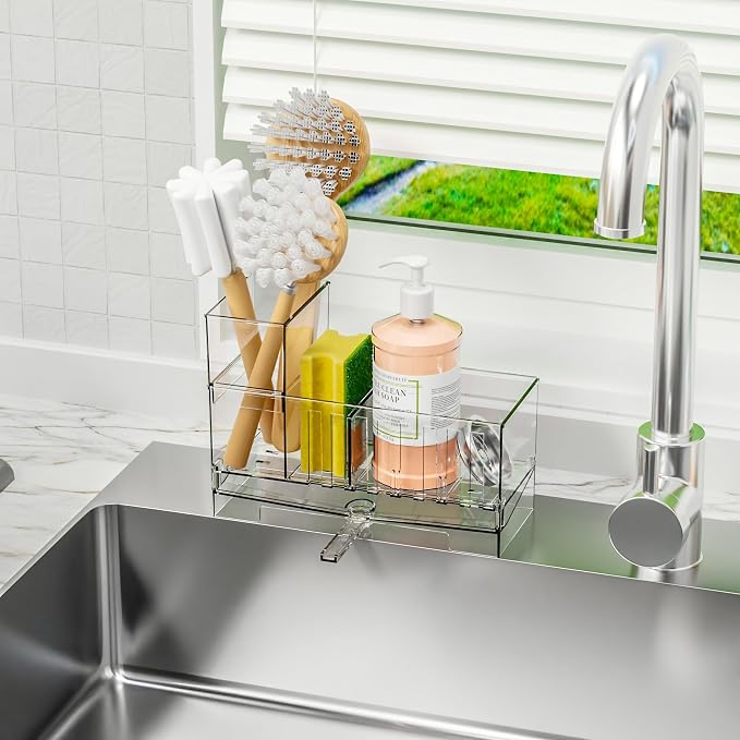 Yieach Clear Kitchen Sponge Holder for Sink,Acrylic Sponge Caddy for Kitchen Sink with Brush Holder,Rustproof Kitchen Sink Organizer for Sponge, Soap Dispenser Storage Accessories and Self Drain Tray