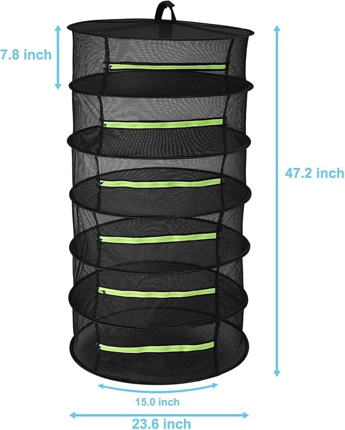 Herb Drying Rack Hanging 6 Layer, 2ft Collapsible Herb Dryer Mesh with Zipper Garden Gloves Hook, Plant Net Dry Rack for Drying Seeds Bud Grass Hydroponic Plants Outdoor Gardening Supplies 24"D x 47"H