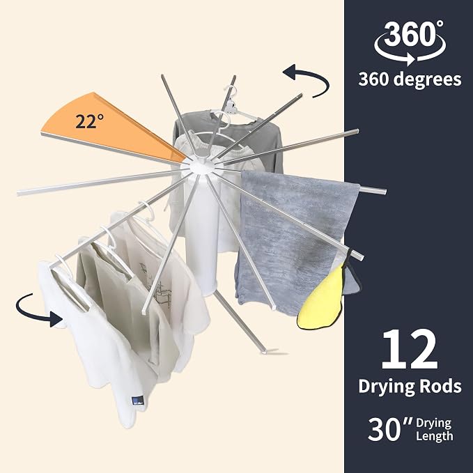 RFOUO Foldable Clothes Drying Rack Tripod with Aluminum 12 Rods | Portable，Space-Saving Freestanding Drying Rack for Indoor Outdoor, Apartment, Bedroom, Laundry Room