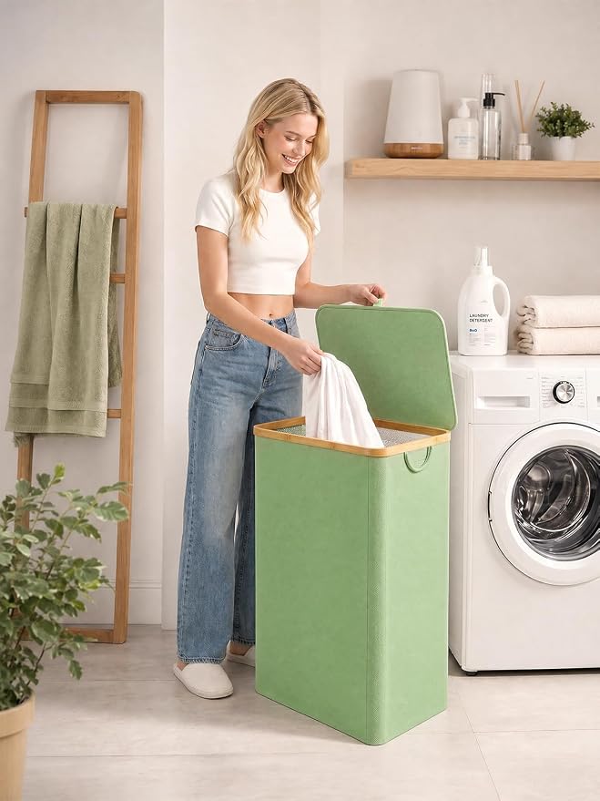 IEGrow Laundry Hamper with Lid,110L Laundry Basket with Mesh Bag,Green | Dirty Clothes Hamper Basket with Bamboo Handle for Clothes Towels Organization