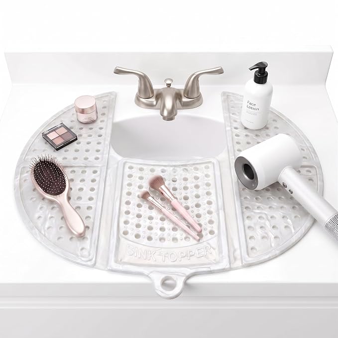 Sink Topper Bathroom Sink Cover for Counter Space, Standard White | Holds up to 7 lb on a steel frame; fits over basins to 19 in; 480°F silicone, hot tools; foldable makeup mat; RV, camper