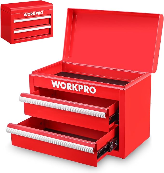 WORKPRO Metal Mini Tool Box with 2 Drawers and Top Storage | Cold Rolled Steel Toolbox, Ball Bearing Slides, PVC Drawer Liners, PP Feet Pads, Durable Storage