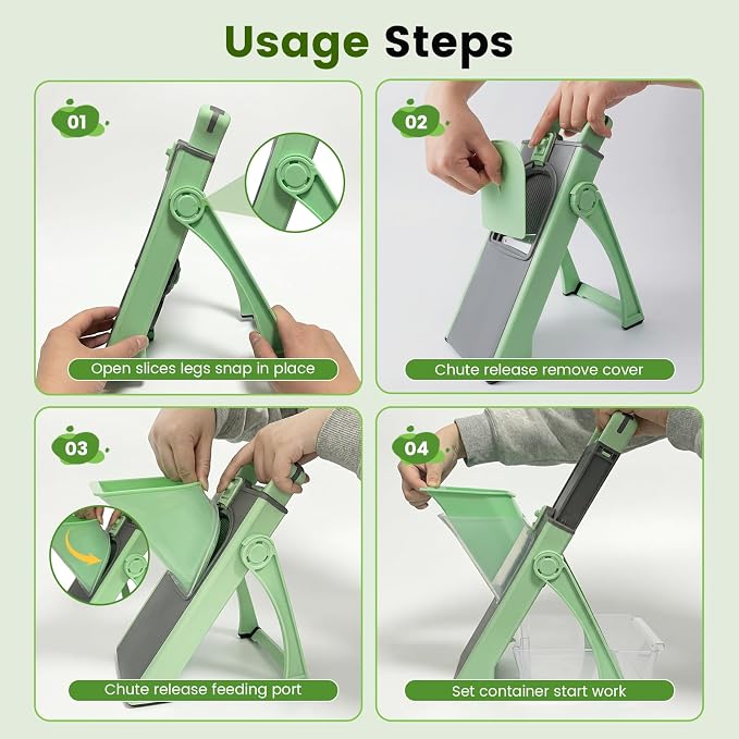 4-in-1 Safe Mandoline Slicer & Vegetable Chopper with 0.1-8mm Adjustable Thickness, Dicer, Julienne & French Fry Cutter Functions, Foldable Kitchen Gadget with Container (Green)