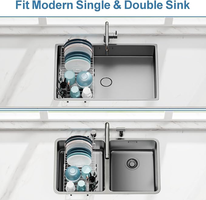GSlife Over Sink Dish Drying Rack - Large Expandable Stainless Steel in Sink Dish Drainer with Square Corners, Rust Resistant with Lock Knob, Heavy Duty Fit for Modern Single & Double Sinks, Silver