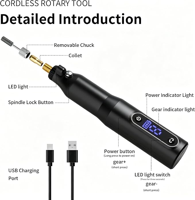 Cordless Rotary Tool Kit - 9-Speed Adjustable with USB Charging | Multi-Purpose Engraving Pen for Sanding, Polishing, Drilling & DIY Crafts | Includes 3D Printing Accessories (Black)