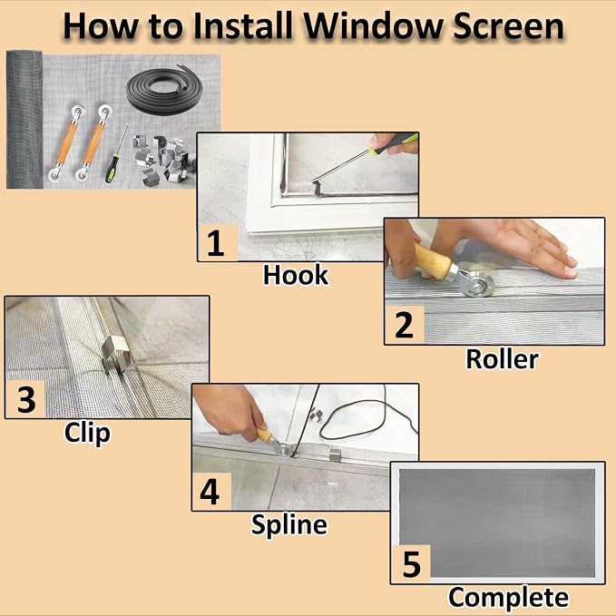 King&Charles Window Screen Replacement, 6in1 Window Screen Door Repair Kit | 48"x118" Gray Screen Mesh, Steel/Nylon Bearing Roller, 0.14in x 50ft Spline, 8 Clips & Hook for Windows, Doors, Patio & RV