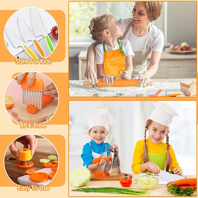 Kids Cooking Sets Real, Kids Cooking and Baking Gift Set with Storage Case Timer Kid Safe Knives Cutting Board, Toddler Real Kitchen Accessories, Birthday Gifts for Girls Boys Age 3 - 8