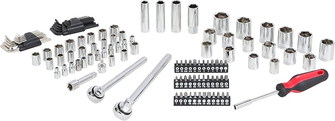 120-Piece Socket Wrench Set, 1/2 & 3/8-In Ratchet Kit | Includes SAE and metric deep sockets, spark plug socket, bits and hex keys. Professional auto repair mechanics tool kit