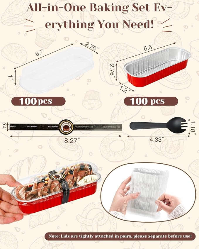 YQER 100 Pack Red Mini Cake Pans with Lids and Spoons, 6.8 oz Disposable Aluminum Foil Mini Loaf Pans with Stickers, Individual Dessert Cake Tins Containers for Valentine Gifts, Holidays, Parties