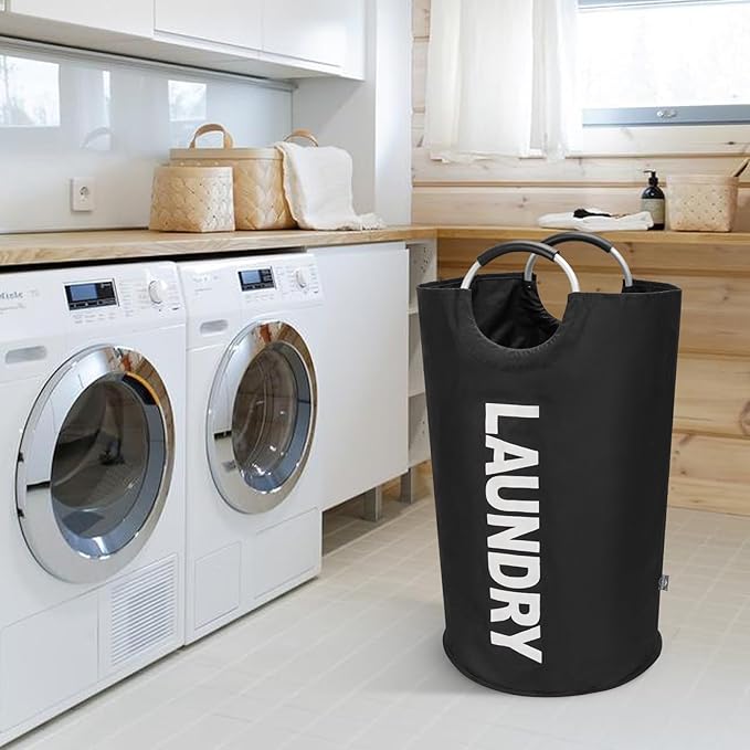DOKEHOM 90L Large Laundry Basket Bag, Collapsible Tall Hamper, Black | Freestanding tall washing bin & foldable laundry bag. High-capacity clothes storage basket with durable sturdy handles