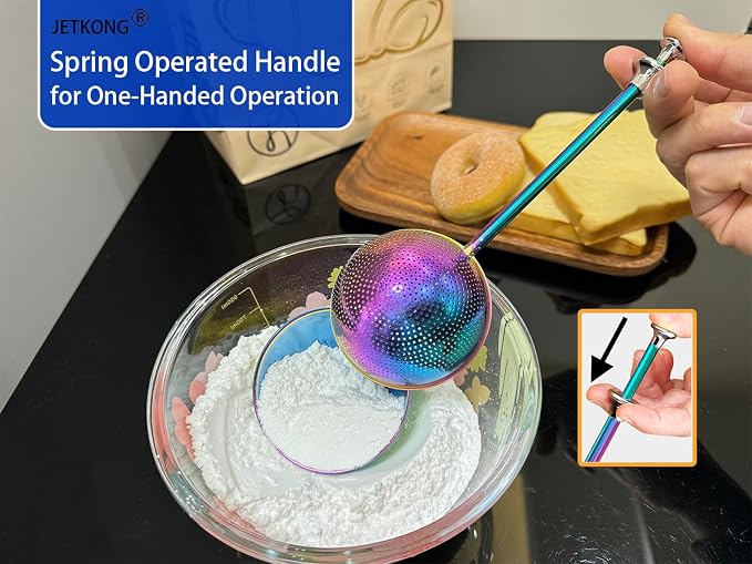 JETKONG 2 Pcs Flour Sifter, Stainless Steel Flour Duster for Bread Baking, Bakers Dusting Wand for Powdered Sugar and Spices (Small+Large, Rainbow)