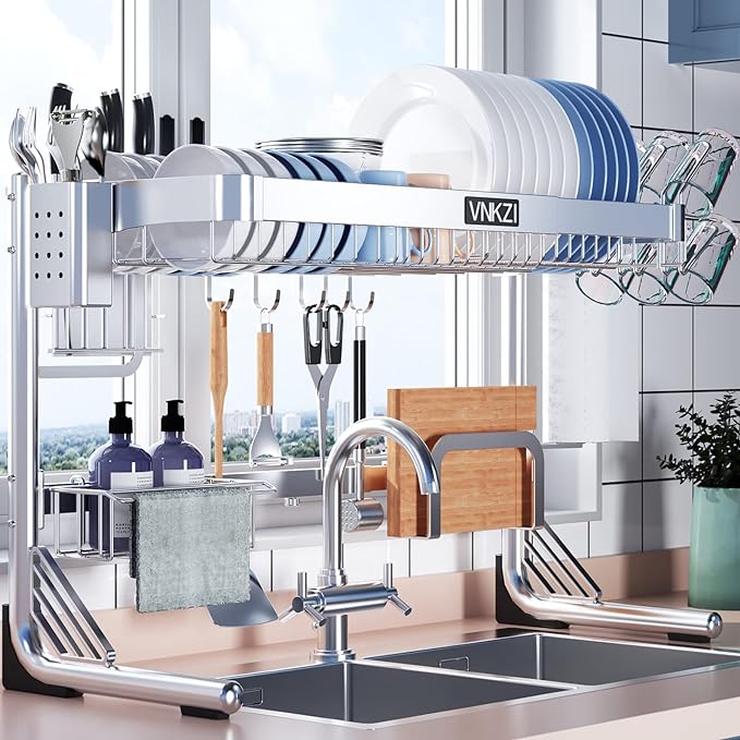 VNKZI Over Sink Dish Drying Rack, 2 Tier Full Stainless Steel Storage Adjustable Length (25.98'' to 36.61'') Kitchen Rack, Multifunctional Expandable Counter Organizer, Space Saver Dish Rack