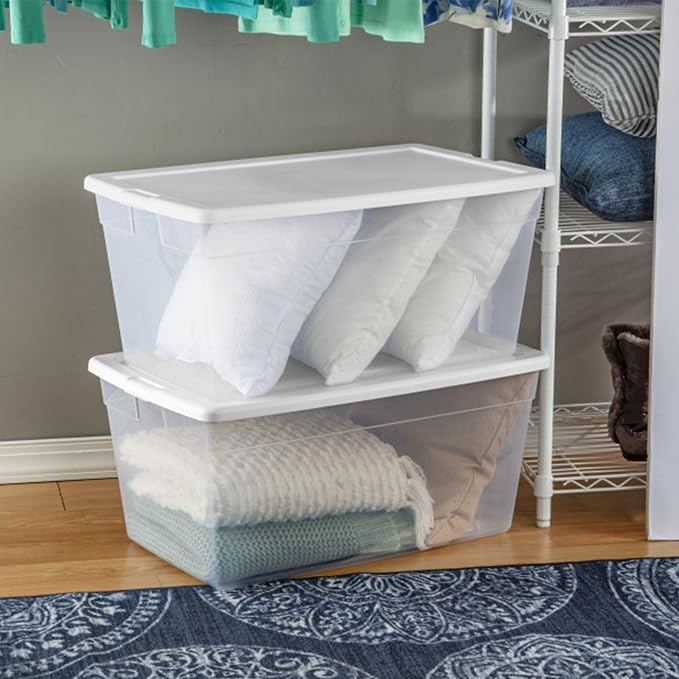Sterilite 12-Pack 90 Quart Storage Box, Stackable Clear Plastic Bins with Snap-On Lids - Heavy-Duty Organizing Containers for Closet, Bathroom, and Office