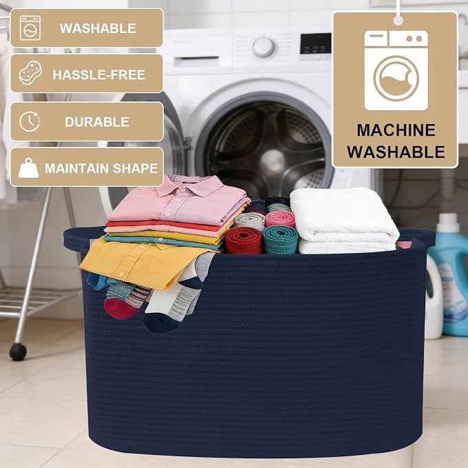 96L Woven Laundry Basket with Handles, Extra Blanket Basket,Navy | 24"×16"×15" Collapsible Cotton Rope Storage Basket for Toys Clothes & Pillows, Nursery, Bathroom, Bedroom, Living Room