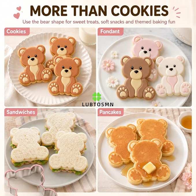 LUBTOSMN Bear Cookie Cutter, 3.5 Inch Silicone Rim Baking Cutter | Dishwasher-safe stainless steel cutter for cookies, fondant, sandwiches, bear parties and home baking treats.