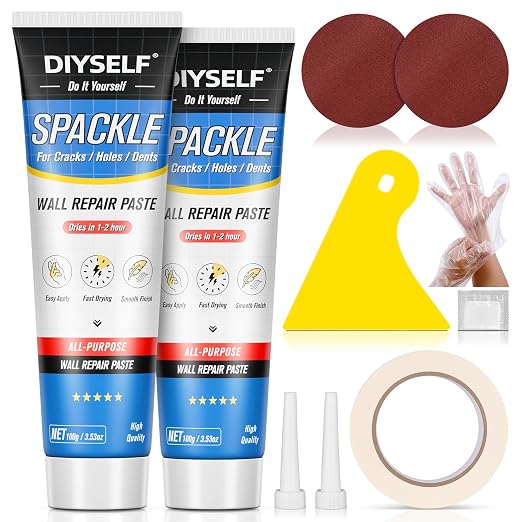 DIYSELF 9-Piece Spackle Wall Repair Kit, 7 oz Fast-Drying Hole Filler Set | Complete Repair Tools, Easy-to-Apply Wall Putty for Cracks, Nail Holes, Wall Filler for Gaps, Homes, Apartments and Renters