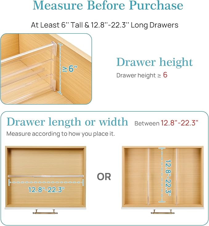 Vtopmart 8 Pack 6" Tall Upgrade Drawer Dividers for Big and Deep Drawer, 12.8"-22.3" Adjustable Expandable Dresser Drawer Organizer, Clear Plastic Separators for Dresser, Baby Supplies, Kitchenware