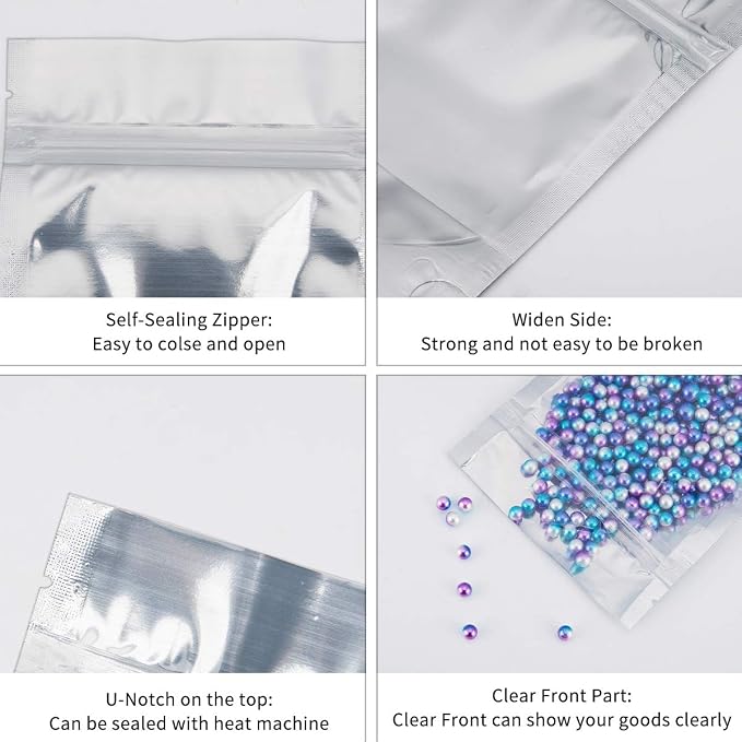 200 Pack 5x8 Mylar Bags with Window Stand Up Bgas 7.5mil Thick for Food Storage and Resealable for Small Business Packaging Bag | 7.5 Mil Thick, Food Storage, Resealable Closure, Small Business Packaging, Upright Base, Viewing Panel