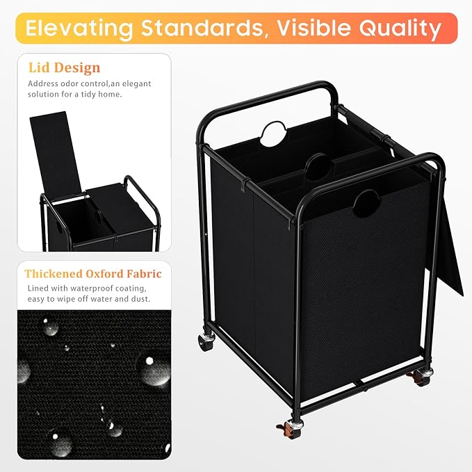 120L Laundry Sorter 2 Section, Rolling Laundry Basket with Wheels ＆ Lid | 31.7 Gal Laundry Hamper, 2 Separated Removable Bags, Lockable Wheels, Dirty Clothes Hamper for Laundry Room, Bedroom, Black